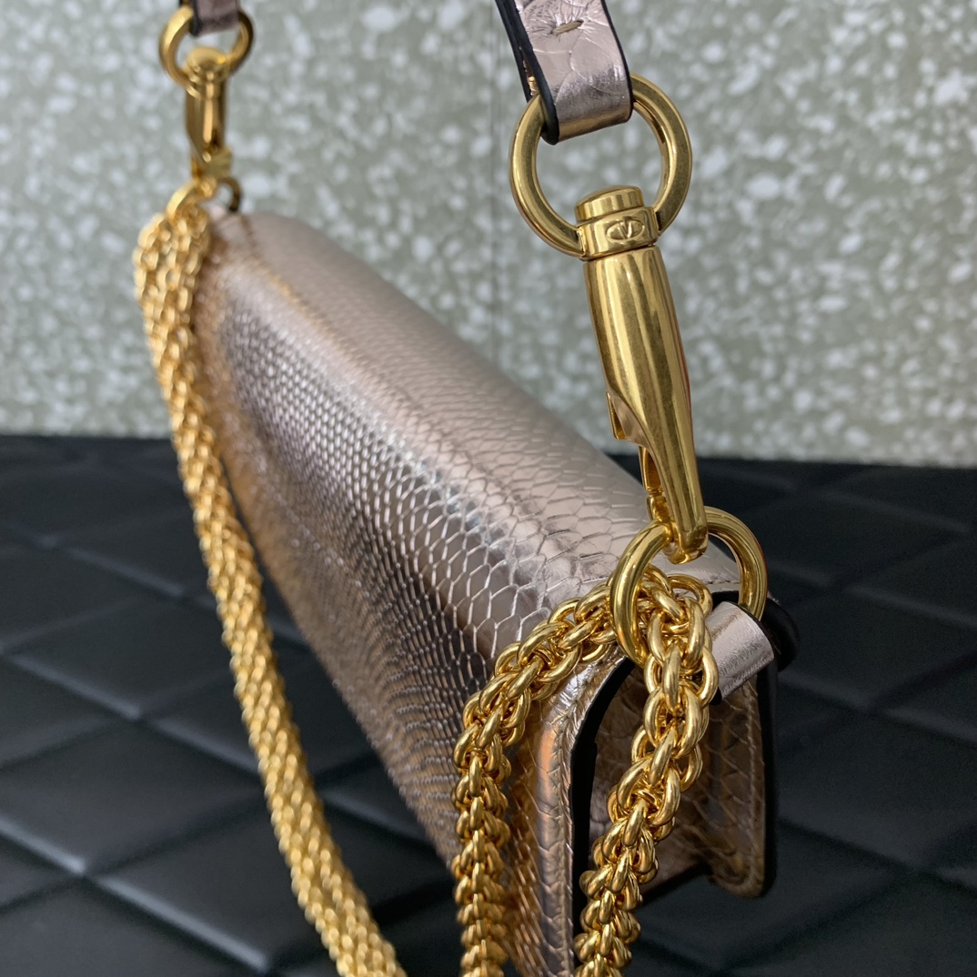 Valentino Garavani Loco Small Shoulder Bag in Gold Snake Grain Calfskin Leather 